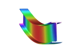 Finite element deformation contour plot of a bent beam section
