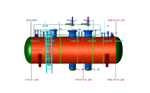 Dimensioned model of a horizontal pressure vessel with nozzles, supports and access ladders