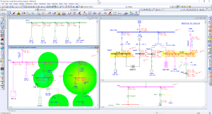 Electrical analysis software showing network diagrams and load data in multiple panels