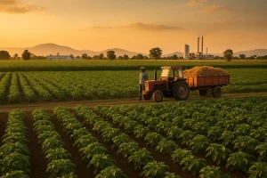 Tractor and farm worker among crop rows at sunset, with industrial buildings in the distance