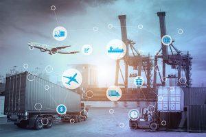 Digital logistics illustration with shipping containers, port cranes and connected transport icons