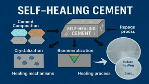 Self-healing cement infographic illustrating crystallization and biomineralization repair mechanisms