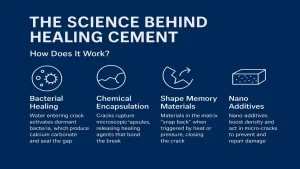 Close-up of concrete crack being sealed by polymer microcapsules.