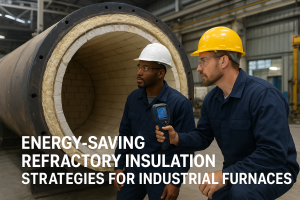 Industrial furnace with technicians inspecting energy-efficient refractory insulation layers