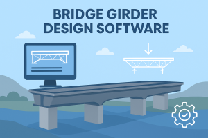 Digital illustration of bridge girder design software showing a girder on a bridge with a computer monitor and gear icon.