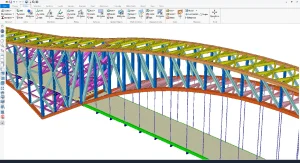 Virtual simulation of a bridge with stress analysis and load testing.