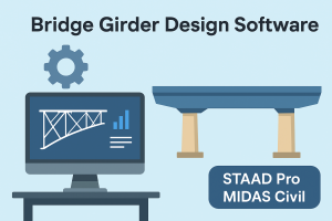 Digital illustration of bridge girder design software showing a girder on a bridge with a computer monitor and gear icon.