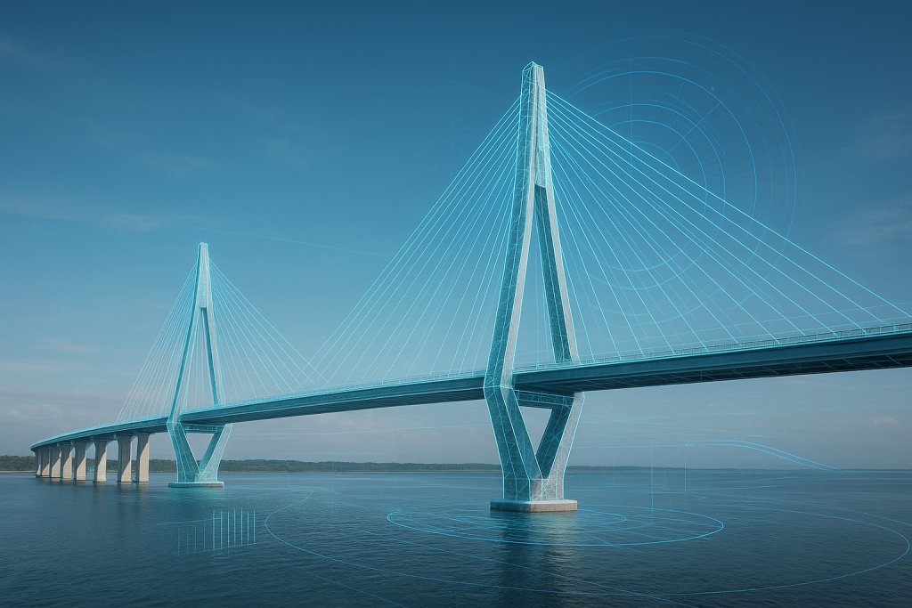 3D visualization of a modern suspension bridge designed using simulation software