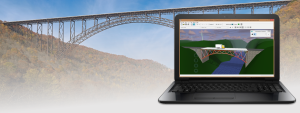 Student designing a bridge using bridge builder software on laptop.