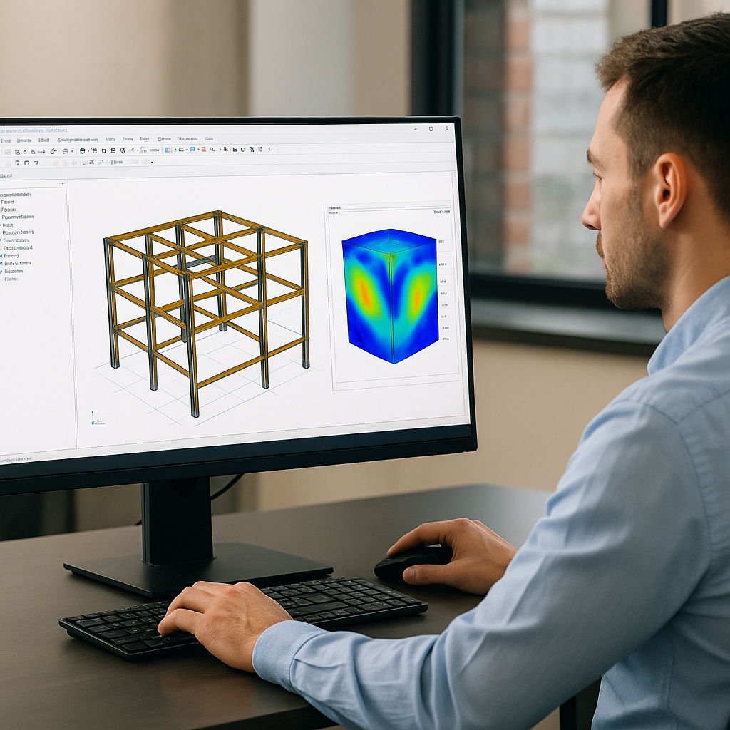Engineer using structural analysis software to model a 3D steel frame structure at Avesta Consulting, Australia.