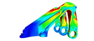3D finite element model showing stress distribution in a complex steel structure.