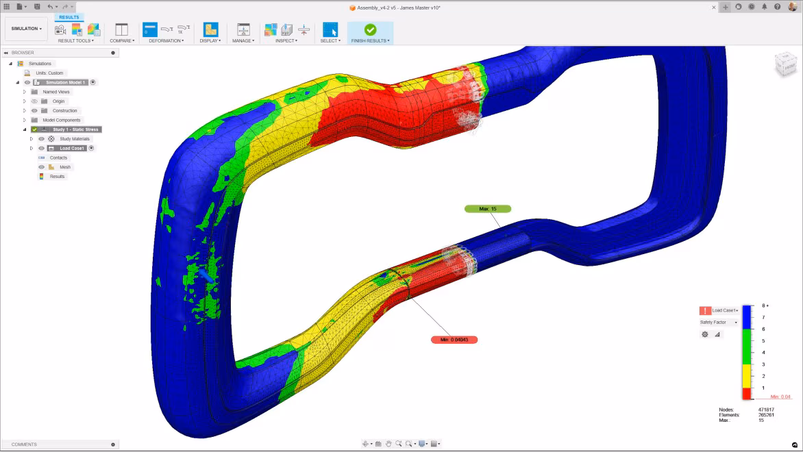 Engineer analyzing structural simulation results on desktop and cloud platforms with CAD integration.