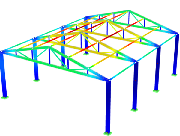 3D steel structure BIM model showing beams, columns, and detailed connections for fabrication.