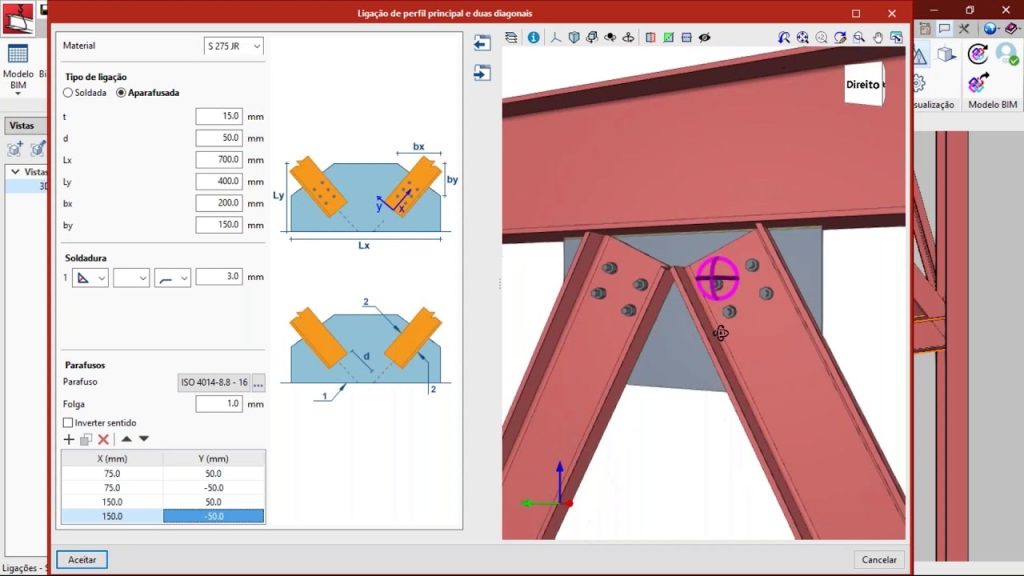 3D steel structure model showing beams, plates, and bolt connections in fabrication-level detail.