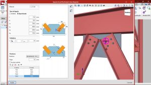 3D steel structure model showing beams, plates, and bolt connections in fabrication-level detail.