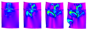 Nonlinear FEA simulation showing plastic deformation and contact behavior in mechanical components