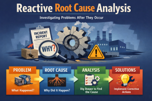 Reactive root cause analysis workflow showing failure investigation, cause identification, and corrective actions in an industrial system.