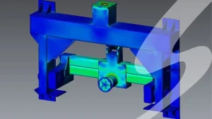 3D structural analysis software showing finite element stress distribution in a civil engineering structure