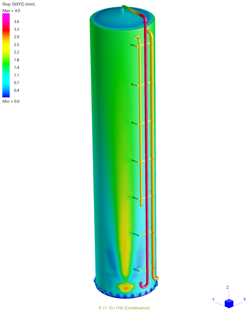 Finite element analysis of a 350 kL water storage tank showing stress distribution under seismic, wind, hydrostatic, and design pressure loads