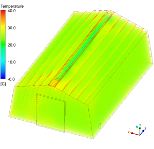 CFD thermal analysis of deployable modular tents showing air flow patterns and temperature distribution across spine and branch segments.