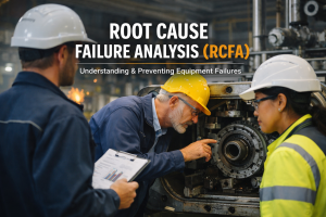Root Cause Failure Analysis (RCFA) workflow diagram showing failure identification, data collection, root cause analysis, and corrective actions