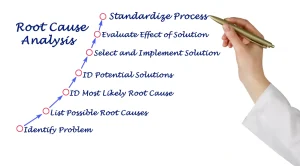 Root cause analysis levels flowchart illustrating how problems progress from equipment failure to systemic issues