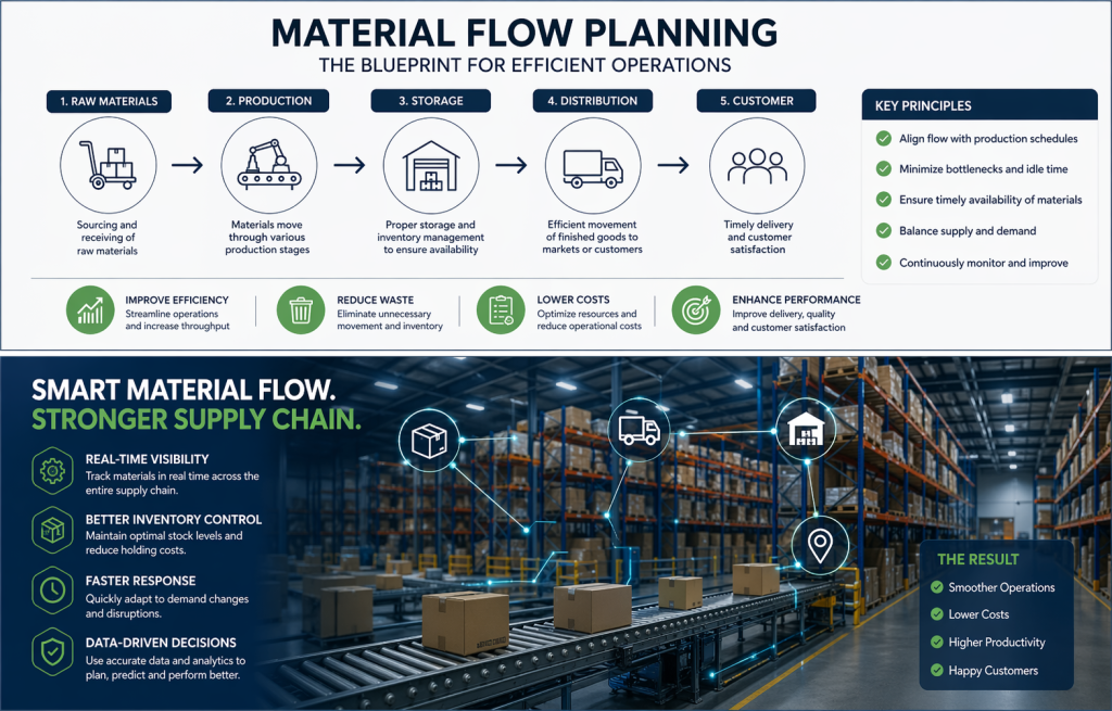 Material flow planning diagram showing movement of raw materials through manufacturing process
