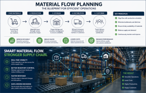Material flow planning diagram showing movement of raw materials through manufacturing process