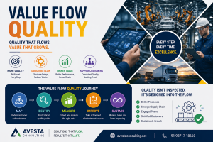 Value flow quality diagram showing material and process steps in manufacturing workflow