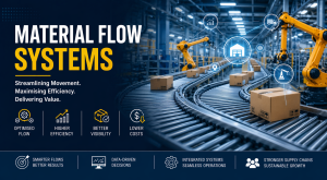 Material flow system in manufacturing showing conveyors, automated transport, and optimized production line movement