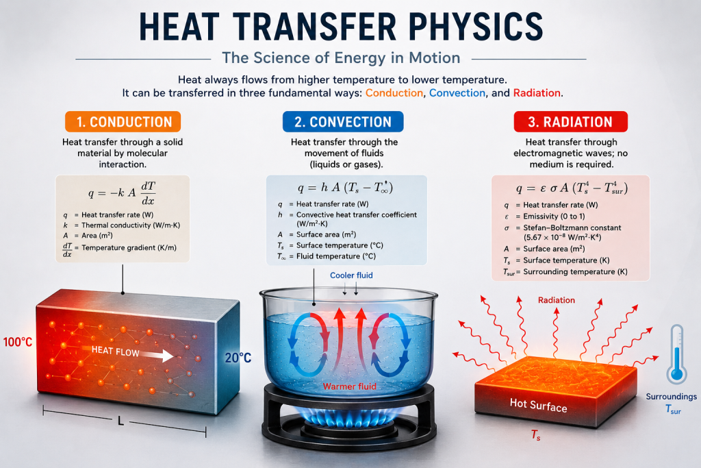 Engineering diagram showing conduction, convection, and radiation heat transfer mechanisms in industrial systems.
