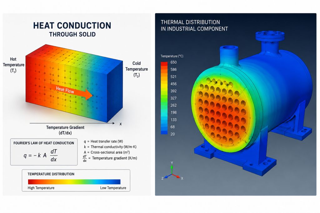 Engineering diagram showing heat conduction through solid metal materials with temperature gradient visualization