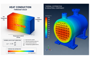 Engineering diagram showing heat conduction through solid metal materials with temperature gradient visualization
