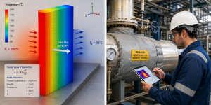 Industrial thermal conduction analysis showing heat transfer through a metal wall in engineering simulation software
