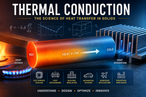 Heat conduction process showing energy transfer through a metal rod from a hot source to a cooler end.