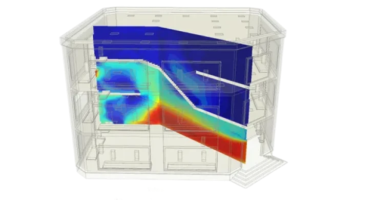 CFD thermal simulation displaying airflow and heat transfer distribution inside industrial equipment