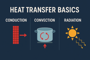 Engineering illustration showing conduction convection radiation and phase change heat transfer methods in industrial systems