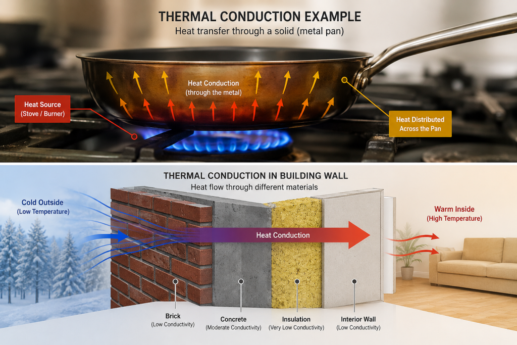 Thermal conduction example showing heat transfer through a metal plate in an industrial manufacturing process