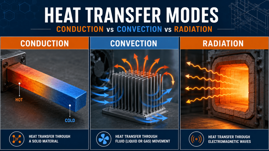Engineering diagram comparing conduction, convection, and radiation heat transfer in industrial systems and thermal design applications