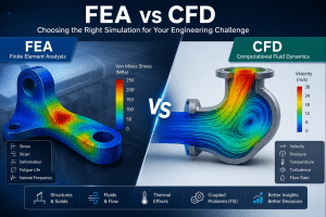 Coupled FEA and CFD simulation showing fluid pressure, temperature distribution, and structural deformation in industrial equipment.