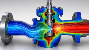 Coupled FEA and CFD simulation showing fluid pressure, heat transfer, and structural deformation in industrial equipment.