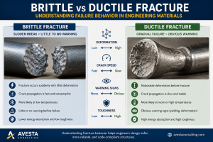 Brittle vs ductile fracture comparison showing sudden brittle failure and gradual ductile deformation in engineering materials.