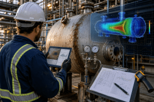 Engineer inspecting pressure vessel failure risks using corrosion data, pressure records, and structural simulation in an industrial plant