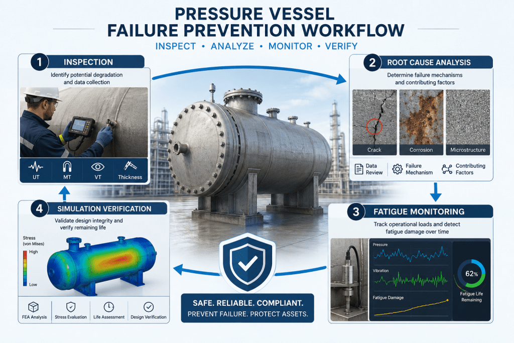 Pressure vessel failure prevention workflow showing inspection, root cause analysis, fatigue monitoring, and simulation verification