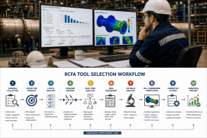 RCFA tool selection workflow showing 5 Whys, fishbone diagram, fault tree analysis, FMEA, testing, and simulation