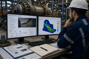 Engineer reviewing common RCFA tools with failure data, diagrams, and simulation results in an industrial control room