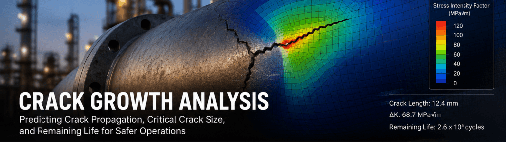 Crack growth analysis of a steel component showing fatigue crack propagation, stress intensity contours, and remaining life assessment.