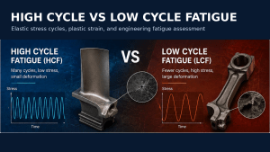 High cycle vs low cycle fatigue comparison showing elastic stress cycles and plastic strain damage in metal components.
