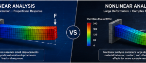Linear vs nonlinear structural analysis comparison showing elastic stress results and large-deformation plastic behaviour in industrial structures.