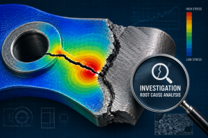 Fractured metal component with an FEA-style stress heatmap concentrated at the crack tip, stress contour rings, and a magnifying glass investigation badge, representing root cause failure analysis